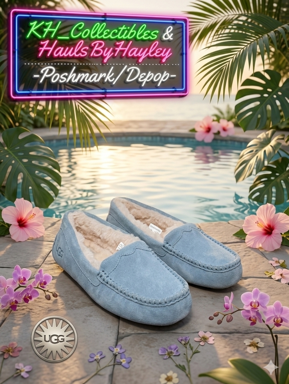 UGG Ansley Scallop Suede Slippers - Geyser Blue - Size 9 NWOT